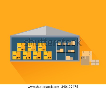 Storage warehouse with boxes in cut. Storage unit, warehouse interior, storage boxes, storage building, industrial storehouse, cargo and interior, distribution and shelf illustration