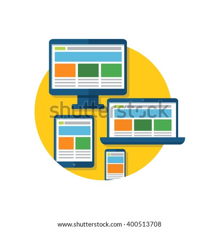 Responsive design icon flat. Website page dimensions on the screen digital display. Mobile and desktop website design development process with minimalistic digital tablet isolated. Vector illustration