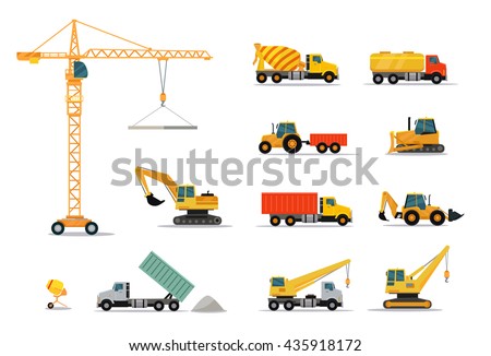 Construction machinery set design flat style isolated on white background. Tall crane lifts the concrete slab or releases. Heavy machine concrete mixer, loader and crawler crane. Vector illustration