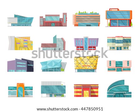 Set of commercial buildings, architecture variations in flat design. Modern structures vector for web design, app icons, navigation services. Shop, mall, supermarket, business center illustrations.