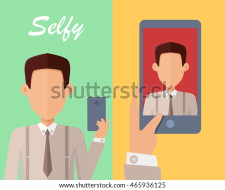 Selfy on smartphone. Young man taking own self portrait with mobile phone. Modern life with selfie photo camera. Selfie smile concept. Man shows his photo on displlay. Vector illustration