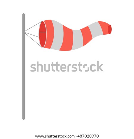 Meteorology windsock inflated by wind. Red and white windsock indicate the direction and strength of the wind. Conical textile tube. Used at airports, alongside highways at windy locations. Vector