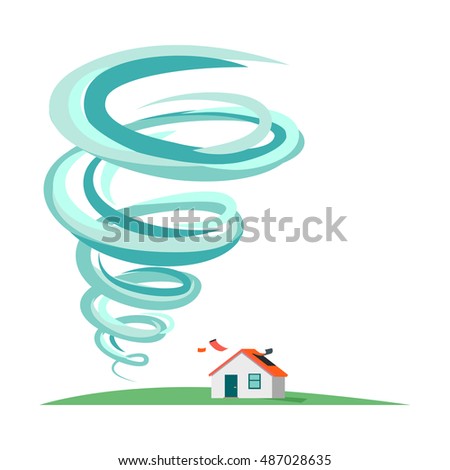 Tornado and hurricane infographics. Natural disaster symbol icon sign. Deadly tornado near house. Tornado swirl damages village cottage. Catastrophe caused by strong wind. Vector illustration