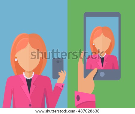 Selfy on smartphone. Young girl taking own self portrait with mobile phone. Modern life with selfie photo camera. Selfie smile concept. Woman shows her photo on displlay. Vector illustration