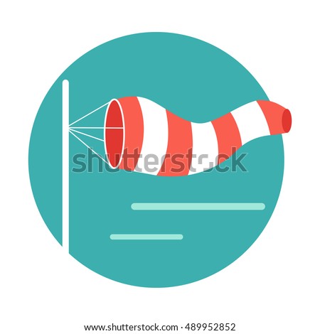 Meteorology windsock inflated by wind. Red and white windsock indicate the direction and strength of the wind. Conical textile tube. Used at airports, alongside highways at windy locations. Vector