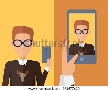 Selfy on smartphone. Young man taking own self portrait with mobile phone. Modern life with selfie photo camera. Selfie smile vector concept. Man with glasses and sweater shows his photo on displlay