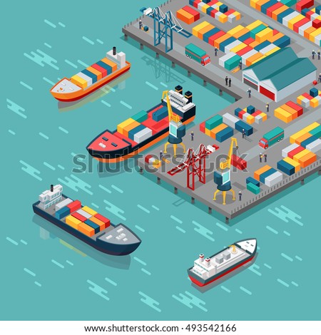 Warehouse port vector. Isometric projection. Ships with containers on the berth at the port, cranes, workers. cars, hangars ashore. Transatlantic carriage. For transport, delivery company landing page