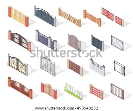 Set of gates and fences vectors. Isometric projection. Collection of metal gates, wrought iron, lattice and wooden gates and fences for yard. Gates and fences isolated on white
