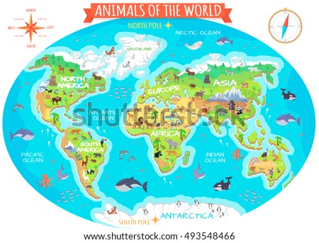 Animals of the world vector. Flat style animals. World globe with map of continents and different animals in their habitats. Northern, african, american, european, asian fauna animals. Book design  