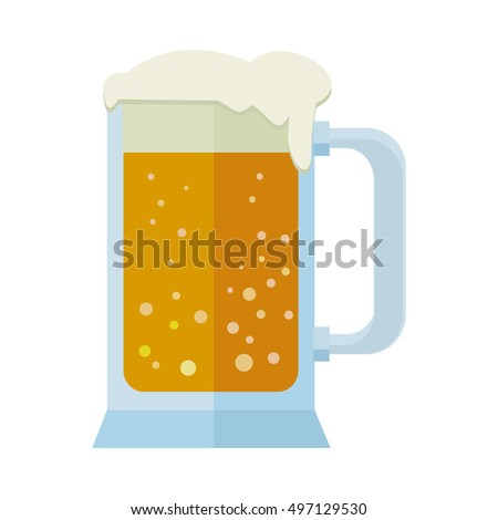 Glass of beer isolated on white. Mug of beer. Big frothy head overflowing the sides of tankard with white beer. Alcohol refreshment drink. October fest concept in flat style. Vector illustration