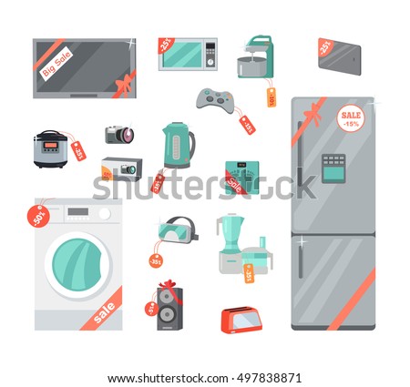 Sale and discount household appliances in flat style. Household appliances and devices with percent discount stickers. Black friday. Illustration for electronics stores advertising. Vector