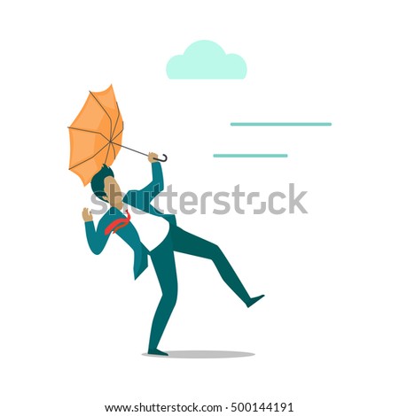 Strong wind blowing on man with umbrella and turned it out. Natural disaster. Deadly strong wind ruins everything. Hurricane damages person's life. Catastrophe caused wind. Vector illustration