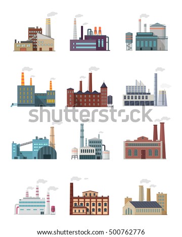 Set of industry manufactory building icons. Factories producing oil and gas, metals and rubber, energy and power. Destroying nature. Collection of eco friendly factories. Vector illustration