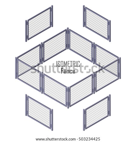 Isometric fence in light colors isolated on white. No solid fence. Iron gate open and close from middle. Fence with columns. Metal, wrought iron, lattice gates and fences for yard. Flat style. Vector