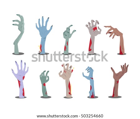 Zombie hands sticking out from the ground. Various damaged and dried human limbs appear from the grave flat vector illustrations isolated on white. Undead arises on cemetery. For Halloween party decor