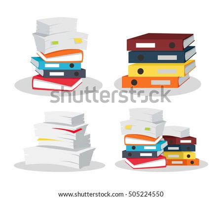 Set of papers tacks. Many business documents with bookmarks. Colorful binders. Paper work, office routine, bureaucracy concept. Flat design. Illustration for data, e-mail, management, services.