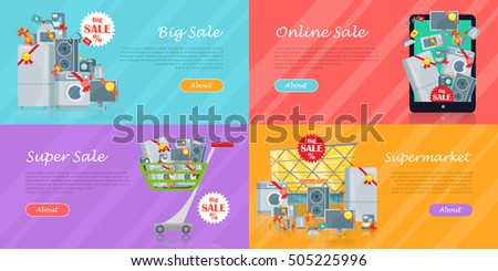Set of banners with household appliances. Kitchen devices in mobile phone, in cart, supermarket isolated. Big sale concept. E-commerce. Online sale. Electronics. Black friday. Vector in flat style
