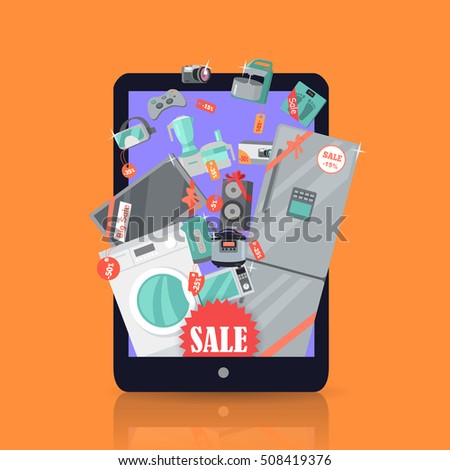 Online sale. Supermarket Sale. Household appliances flat style in suitcase. For electronics stores advertising. Purchase of equipment in Internet. Devices with red discount tags. Black friday. Vector