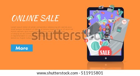 Online sale. Supermarket Sale. Household appliances flat style in suitcase. For electronics stores advertising. Purchase of equipment in Internet. Devices with red discount tags. Black friday. Vector