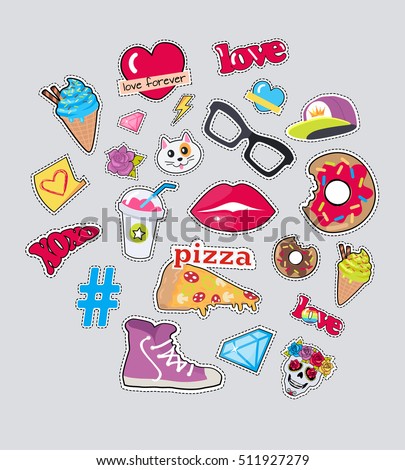 Set of stickers patch isolated. Icons for teenager age. Food, sweets, cap, diamonds, glasses, cat's muzzle, braincase in flat cut-out illustration design. For postcard, ads, posters