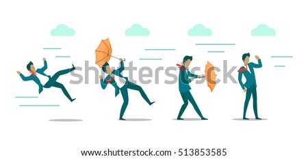 Wind strength levels. Windless breeze strong wind hurricane. Set of banners with wind levels. Man in different states during wind blowing. Natural disaster. Changeable weather. Vector illustration