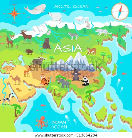 Asia mainland cartoon map with fauna species. Cute asian animals flat vector. Northern predators. Mountain species. Jungle wildlife. Indian ocean life. Nature concept for children's book illustrating