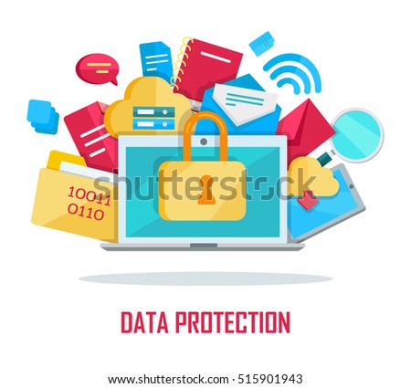 Data protection banner. Blue folder lock icon on white background. File protection. Data security and privacy concept. Safe confidential information. Vector illustration in flat style.