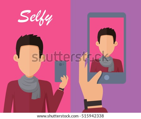 Selfy on smartphone. Young man taking own self portrait with mobile phone. Modern life with selfie photo camera. Selfie smile, selfie concept. Man shows his photo on displlay. Vector illustration