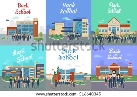 Icons with school types. Teacher and students. Collection of pictures with different kinds of modern educational institutions. Elementary, secondary, high, upper, best schools. Vector illustration