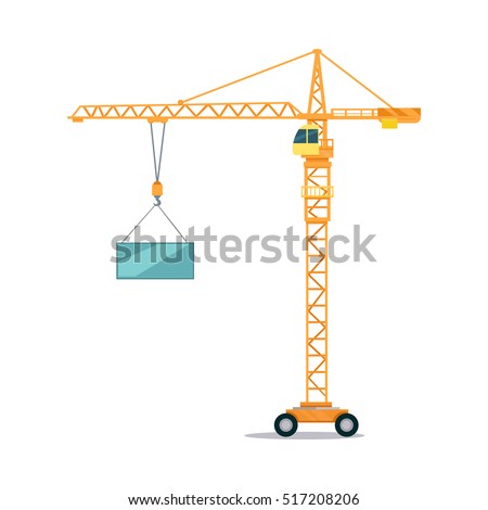 Industrial yellow crane operating and lifting generator. Modern truck crane with an upper cabin and on wheels elevating heavy glass element. White background. Flat design. Vector illustration.