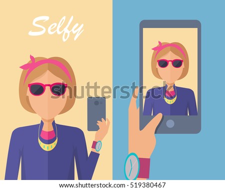 Selfy on smartphone. Young girl taking own self portrait with mobile phone. Modern life with selfie photo camera. Selfie smile, selfie concept. Woman shows her photo on displlay. Vector illustration