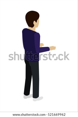 Man character vector in isometric projection. Person standing backwards with bent at the elbows hands. Pose template for standing near reception, cash register, bar. Isolated on white.