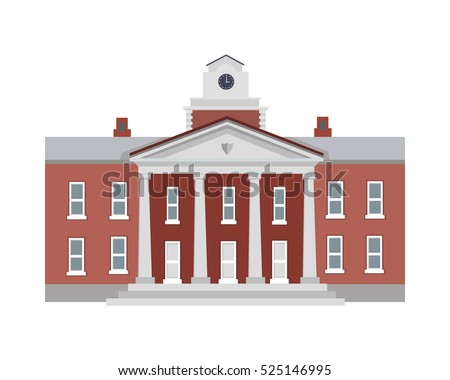 Big brown building with four white columns in simple cartoon style isolated illustration. Two floors. Round clock on top of establishment. Front view. Museum. School. College. Flat design. Vector