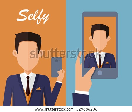 Selfy on smartphone. Young man taking own self portrait with mobile phone. Modern life with selfie photo camera. Selfie smile vector concept. Man in jacket and tie shows his photo on displlay