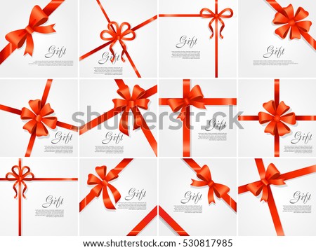 Set gift card vector illustration on white background, luxury wide gift bow with red ribbon and space frame for text, gift wrapping template for banner, poster design. Simple cartoon style Flat design
