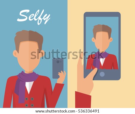 Selfy on smartphone. Young man taking own self portrait with mobile phone. Modern life with selfie photo camera. Selfie smile vector concept. Man with scarf on neck shows his photo on displlay