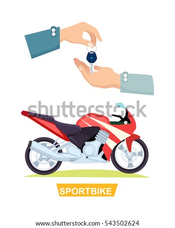 Sportbike with hands and passing key. Process of buying or renting sportbike. Red-black motorbike. Vector illustration of giving key and motorcycle in flat style. Sales and purchase in cartoon design