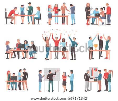 Vector set of team of workers in process of creating something, discussing idea with chief, celebrating and winning price, working with laptop, drawing scheme and presenting work in cartoon style