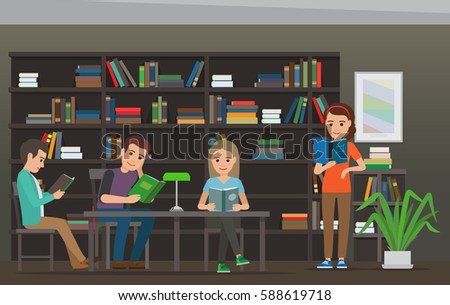 Four characters, men and women, sit at table with lamp on it and read books in Library, big bookcase as background. Education process illustration. Cartoon characters in library vector illustration.