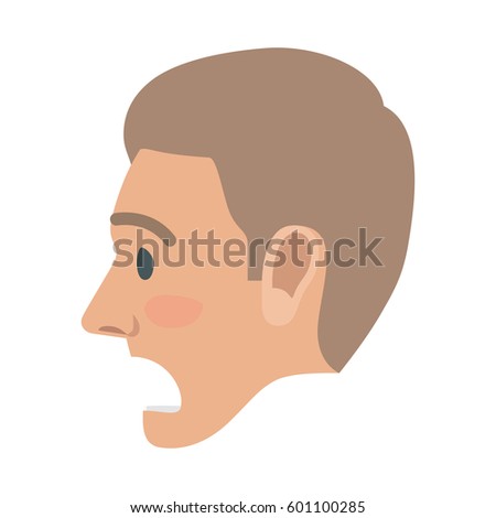 Surprised brown-haired man face icon. Male head in profile view with open mouth and raised eyebrows flat vector isolated on white background. Human emotions illustration for people infographics