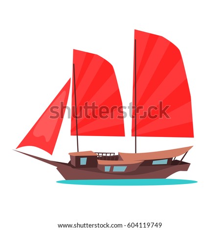 Traditional wooden junk ship icon. Asian sailing ship with red sail flat vector isolated on white background. Oriental ancient merchant boat. Tourist sailboat for travel concepts, logos, web design