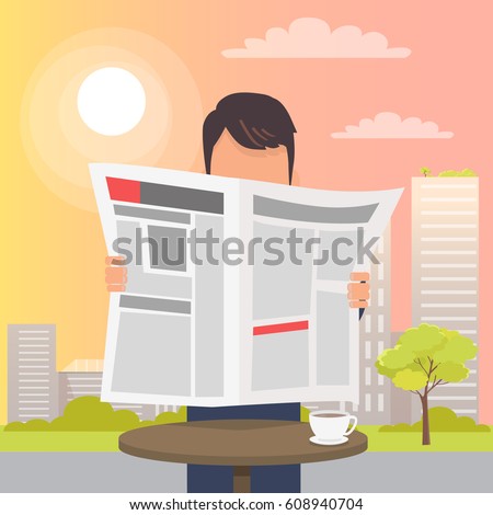 Man holding and reading open newspaper near round table on long stick and white cup of coffee on it. Vector illustration of city sunset view and urban life on background, man spending time outside