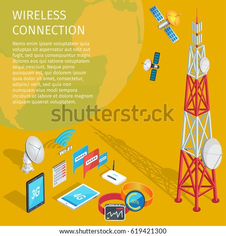 Equipment of wireless connection on yellow background. Vector illustration of volant satellites transmits to high tower with dishes. Two smart watches, wi-fi router, tablet and phone, monthly calendar
