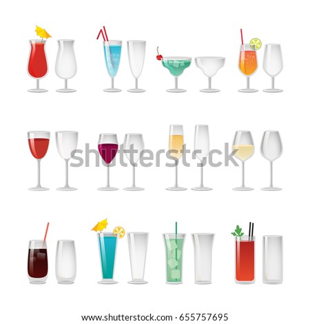 Empty glasses and full of red or blue wine and cocktails with ice, colorful straws, tasty fruits or herb and small umbrellas vector illustrations set.