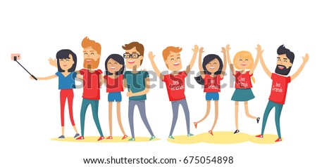 Happy best friends have fun together. Young men and women laughing with raised hands, making selfie flat vector isolated on white. Group of happy people cartoon illustration for friendship day concept