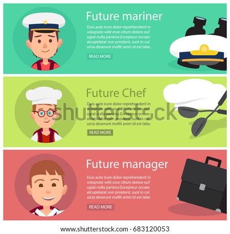 Boy in captain cap that dreams to be mariner, boy in chef hat that love cooking and boy that want to be a well off manager vector illustrations.