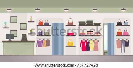 Women's clothing store with wide choose of dresses, handbags or jackets, shirts and pants. Vector illustration with female shop with no customers