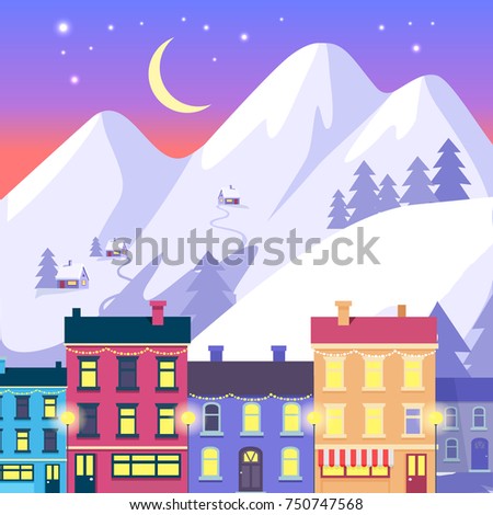 Night Christmas small town on high mountains and purple sky with moon stars background. Vector illustration of colourful two and three storeyed buildings with switched lights and festoons on roofs.