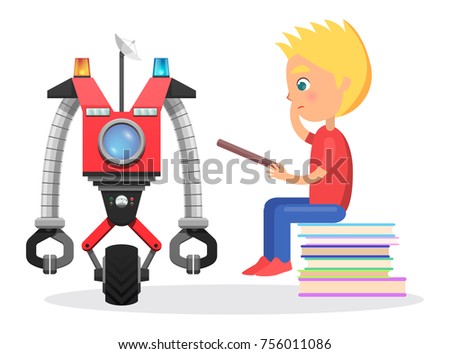 Little blond boy sit on pile of books with direction to robot with satellite, colorful flashers, wheel and round screen isolated vector illustration.