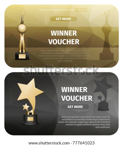 Two winner vouchers with big and small golden stars and trophy with person stands on sphere and holds laurel wreath vector illustration.